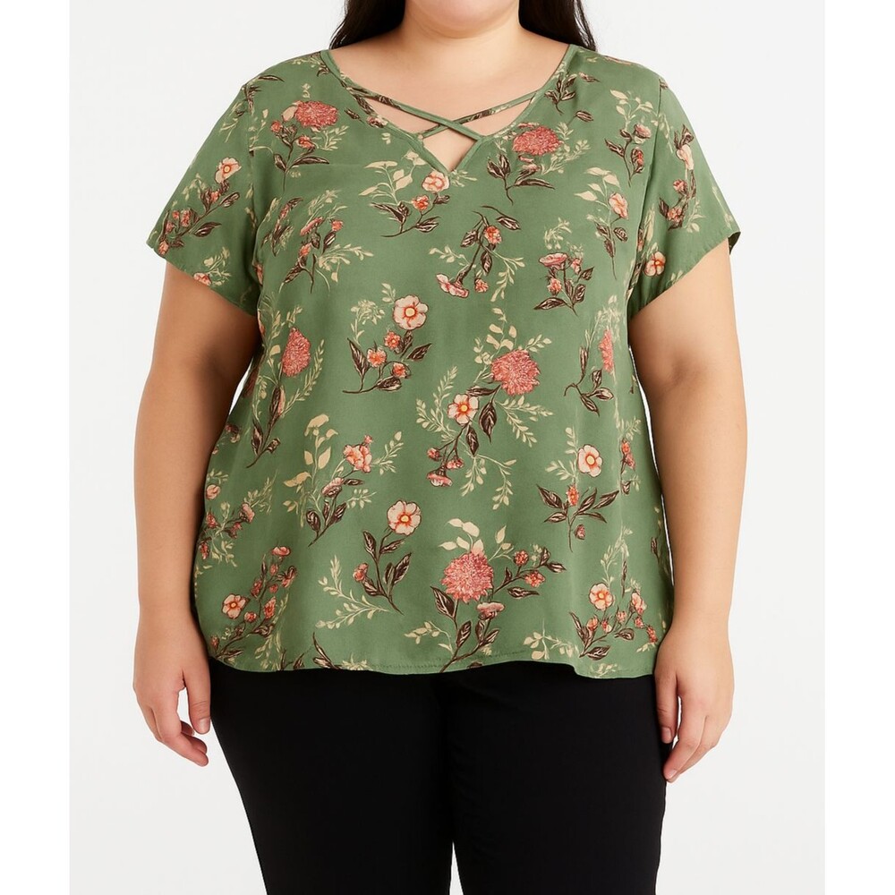 rue+ Women’s 3X Green Floral Short‎ Sleeve Blouse Crisscross Neck Pre-Owned